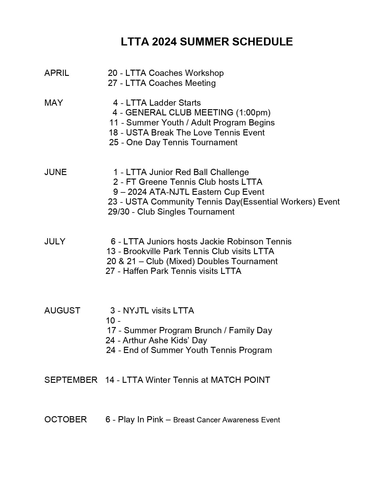 Summer Schedule